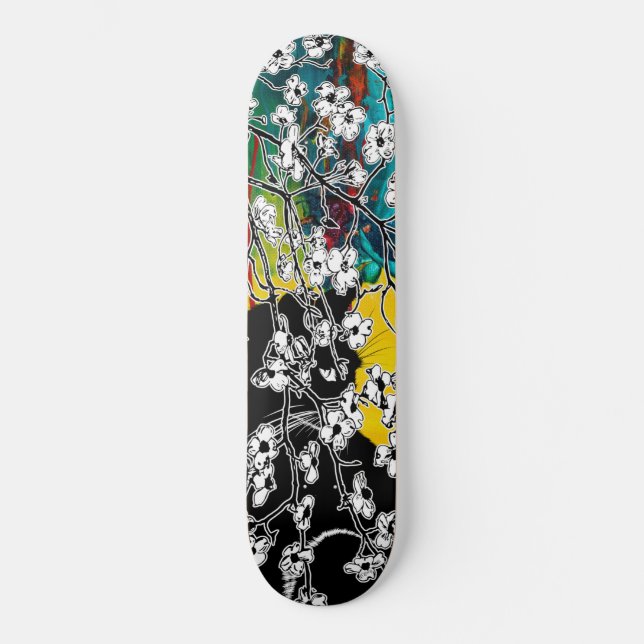 Cherry Blossom Black Cat Abstrakt floral Skateboard (Vorderseite)