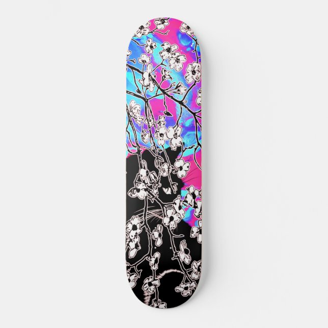 Cherry Blossom Black Cat Abstrakter Himmel Blau Bl Skateboard (Vorderseite)
