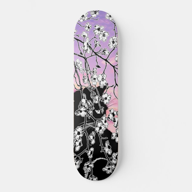 Cherry Blossom Black Cat Floral Sunset Pink Sky Skateboard (Vorderseite)