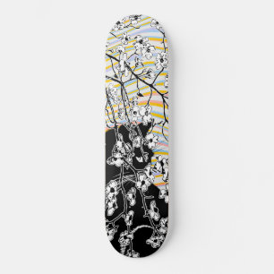 Cherry Blossom Black Cat Floral Waves farbig Skateboard