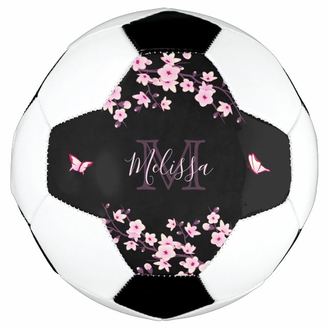 Cherry Blossom Black Pink Ihr Name Monogram Fußball (Vorderseite)