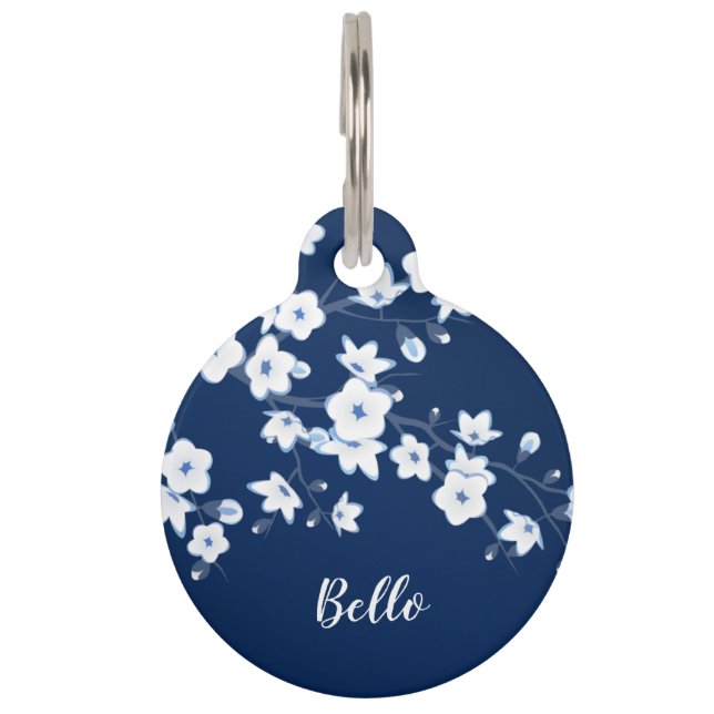 Cherry Blossom Blue White Personalize Haustiermarke (Vorderseite)