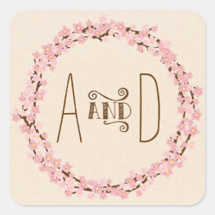 Cherry Blossom Blume Wreath Rustikale Hochzeit Quadratischer Aufkleber