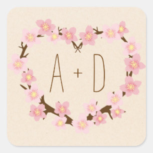 Cherry Blossom Blume Wreath Rustikale Hochzeit Quadratischer Aufkleber