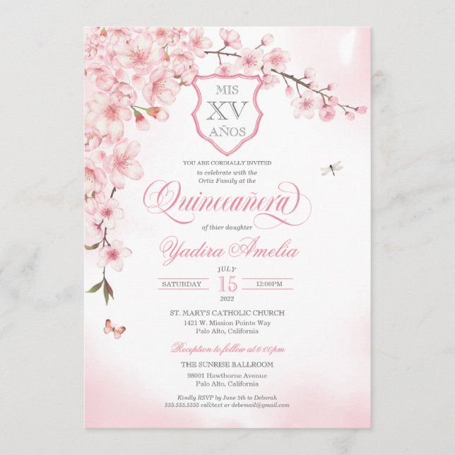 Cherry Blossom Blush Pink Quinceañera Invitation (Devant)