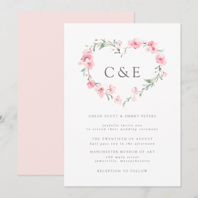 Cherry Blossom Botanisches Herz Monogramm Hochzeit Einladung (Vorne/Hinten)