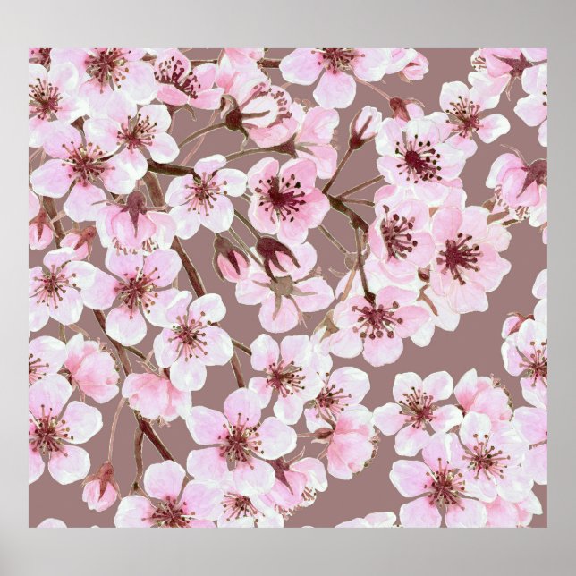 Cherry Blossom Branchen Wasserfarben Muster Poster (Vorne)