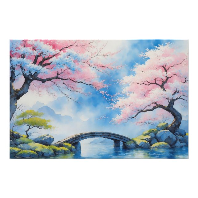 Cherry Blossom Bridge Wasserfarben Kunst, Dichtung Fotodruck (Vorne)