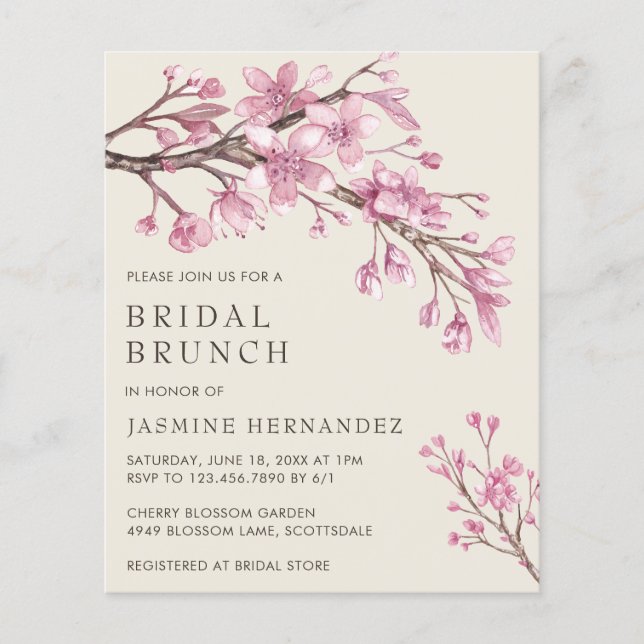 Cherry Blossom Budget Bridal Brunch Einladung Flyer (Vorne)