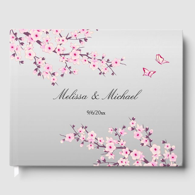 Cherry Blossom Butterflies Pink Gray | Hochzeit Gästebuch (Vorderseite)