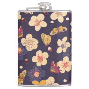 Cherry Blossom Butterfly Asian Print Flachmann