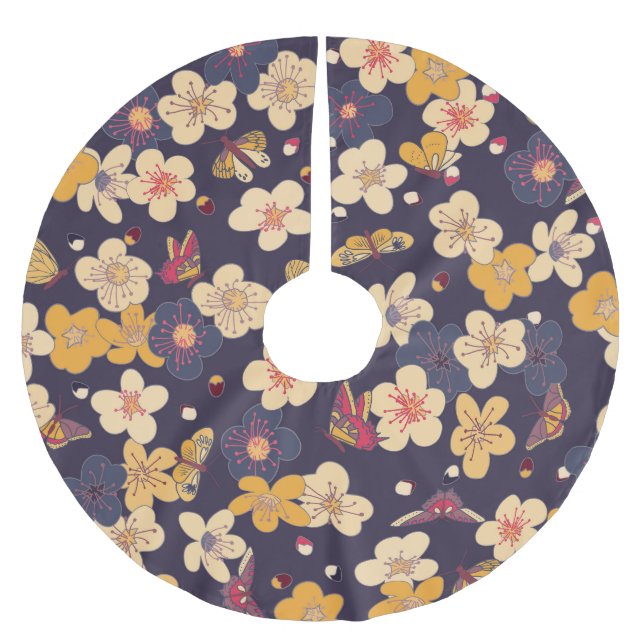 Cherry Blossom Butterfly Asian Print Polyester Weihnachtsbaumdecke (Vorderseite)