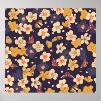 Cherry Blossom Butterfly Asian Print Poster