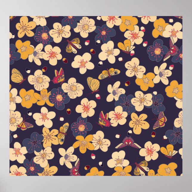 Cherry Blossom Butterfly Asian Print Poster (Vorne)