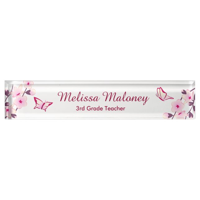 Cherry Blossom Butterfly Pink White Teachers Namensplakette (Vorderseite)