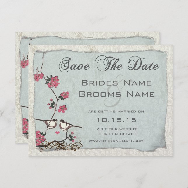 Cherry Blossom Chickadee Damask Save the Date Einladung (Vorne/Hinten)