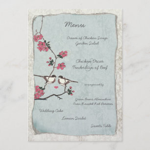 Cherry Blossom Chickadee Damask Wedding Menu Menükarte