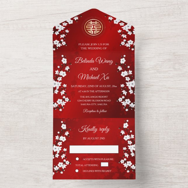 Cherry Blossom Chinese Wedding All In One Einladung (Innen Boden)