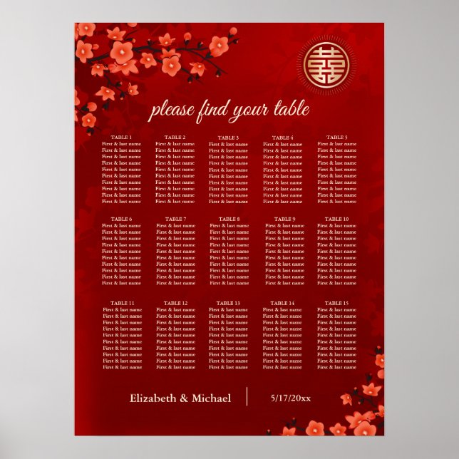 Cherry Blossom Chinese Wedding Seating Chart Poster (Vorne)