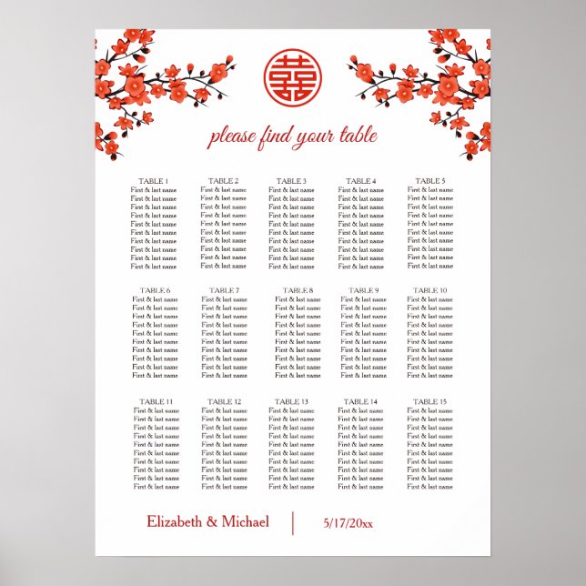 Cherry Blossom Chinese Wedding Seating Chart Poster (Vorne)