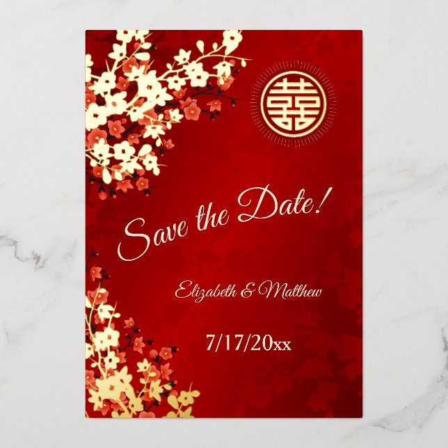 Cherry Blossom chinesische Hochzeit retten das Dat Folieneinladung (Vorderseite)