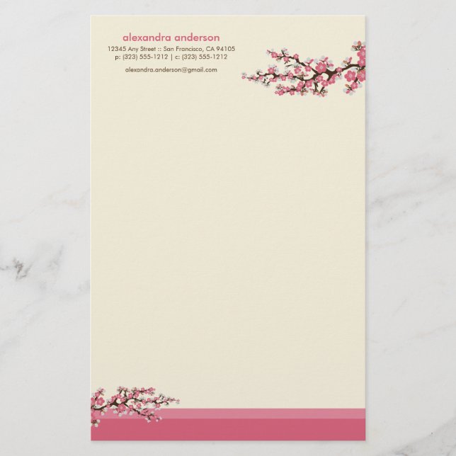 Cherry Blossom Custom Stationery (rosa) Briefpapier (Vorderseite)