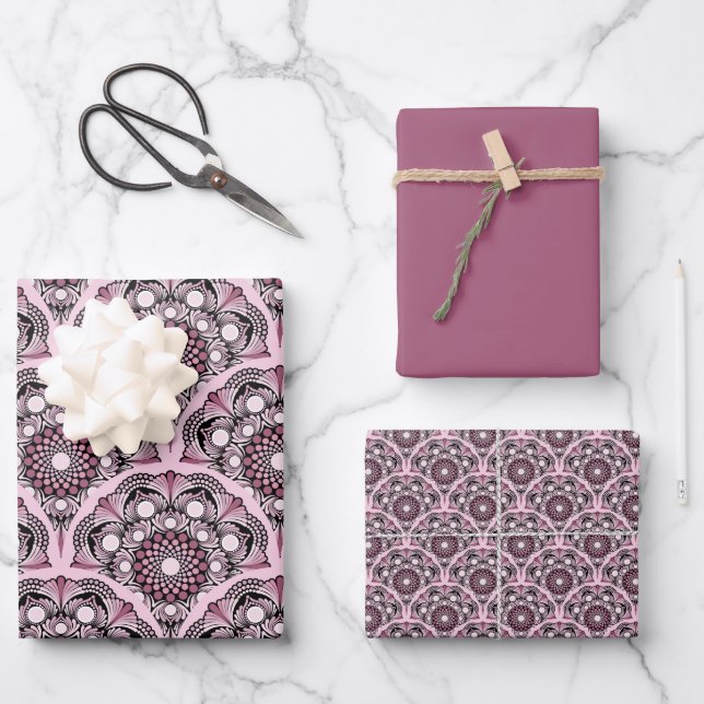 Cherry Blossom Dusky Rose Dot Mandala Art Deco Geschenkpapier Set (Vorderseite)