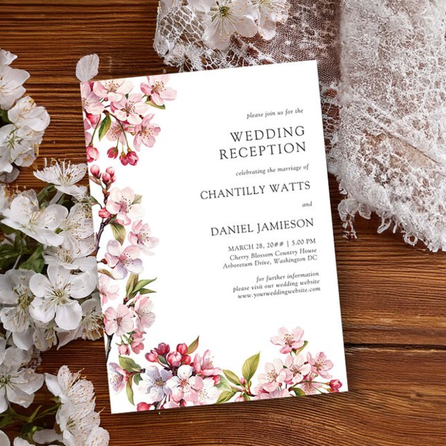 Cherry Blossom Empfang nur Frühjahrssonne Einladung (Wedding Reception Invitation from the Cherry Blossom Wedding Collection by Darling & May)