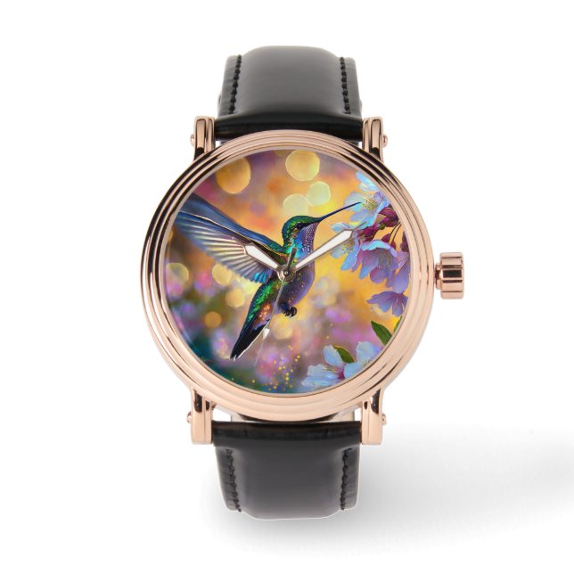Cherry Blossom Fantasy Hummingbird Armbanduhr (Vorderseite)