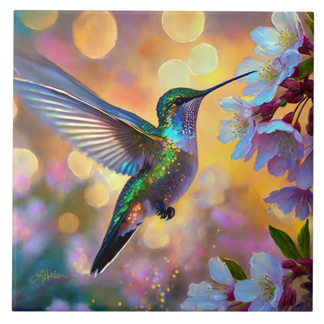 Cherry Blossom Fantasy Hummingbird Fliese (Vorderseite)