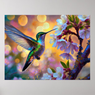 Cherry Blossom Fantasy Hummingbird Poster