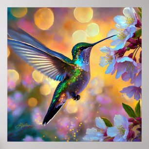 Cherry Blossom Fantasy Hummingbird Poster