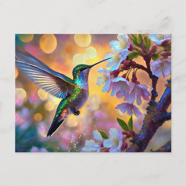 Cherry Blossom Fantasy Hummingbird Postkarte (Vorderseite)