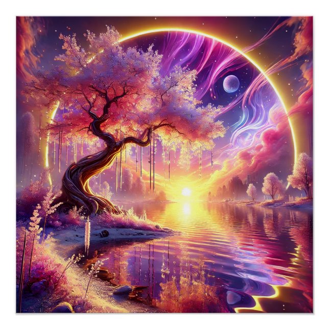 Cherry Blossom Fantasy: Ruhe Sonnenuntergang Szene Poster (Vorderseite)