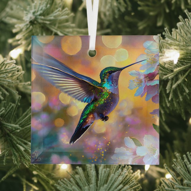 Cherry Blossom Fantasy Sunrise Hummingbird Ornament Aus Glas (Insitu)