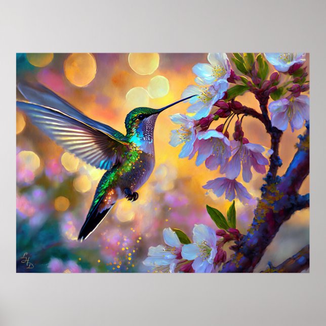 Cherry Blossom Fantasy Sunrise Hummingbird Poster (Vorne)