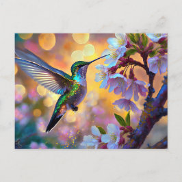 Cherry Blossom Fantasy Sunrise Hummingbird Postkarte