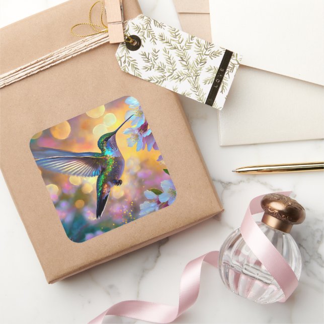 Cherry Blossom Fantasy Sunrise Hummingbird Quadratischer Aufkleber (Schenken)