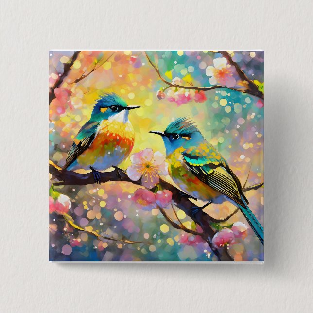 Cherry Blossom Fantasy Sunrise Songbirds Button (Vorderseite)