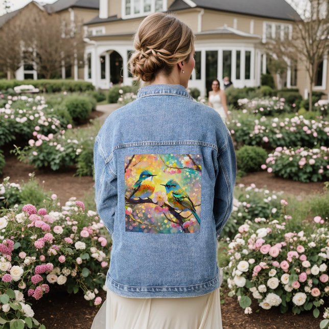 Cherry Blossom Fantasy Sunrise Songbirds Jeansjacke (Hochzeit Rückseite)