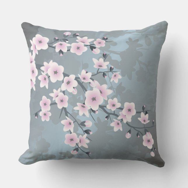 Cherry Blossom Floral Dusty Pink Blue Kissen Für Draußen (Vorderseite)