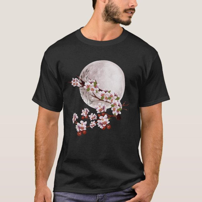 Cherry Blossom Floral Full Moon Sakura Japanischer T-Shirt (Vorderseite)