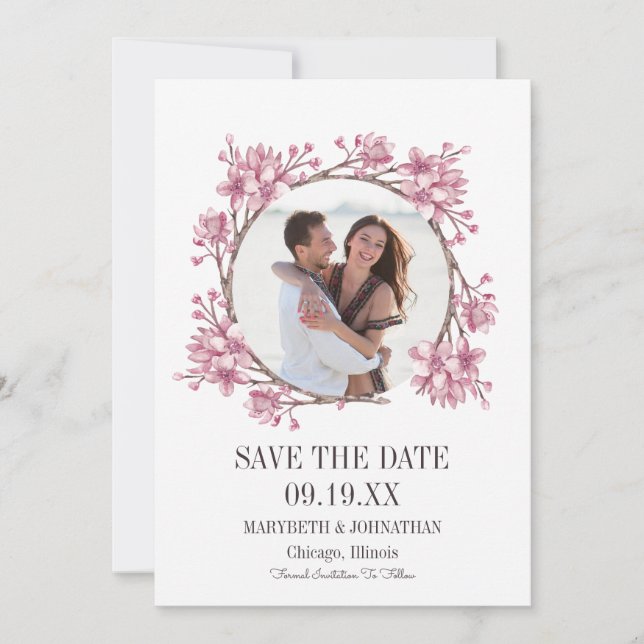 Cherry Blossom Floral Wreath Foto Save the Date (Vorderseite)