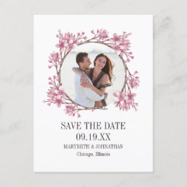 Cherry Blossom Floral Wreath Save the Date Foto Einladungspostkarte