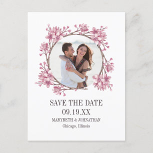 Cherry Blossom Floral Wreath Save the Date Foto Einladungspostkarte