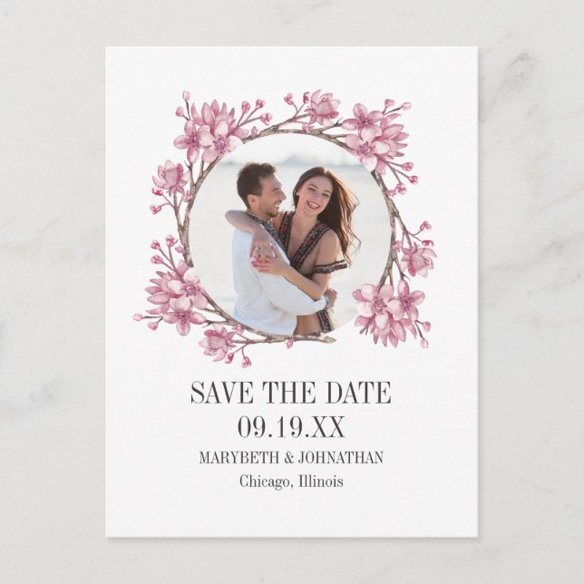 Cherry Blossom Floral Wreath Save the Date Foto Einladungspostkarte (Vorderseite)
