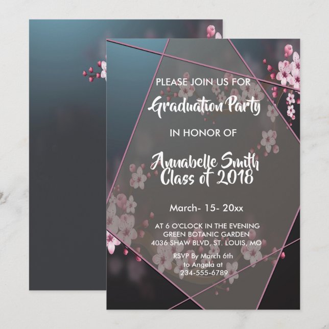 Cherry Blossom Geometric Floral Abschluss Einladung (Vorne/Hinten)