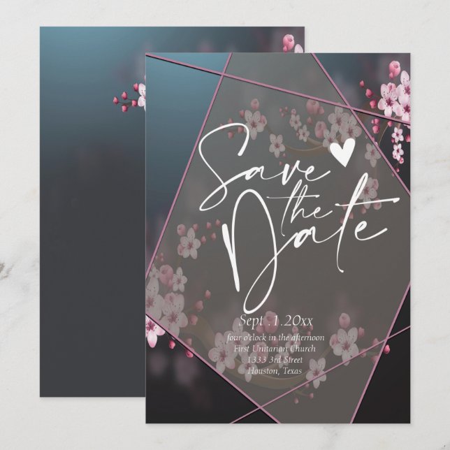 Cherry Blossom Geometric Floral Save the Date Invi Einladung (Vorne/Hinten)