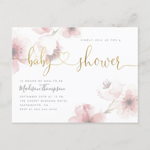 Cherry Blossom Gold Script Floral Baby Dusche Einladungspostkarte
