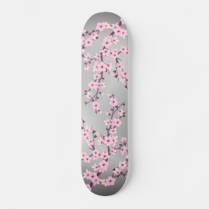 Cherry Blossom Grau Pink Asia Floral Skateboard